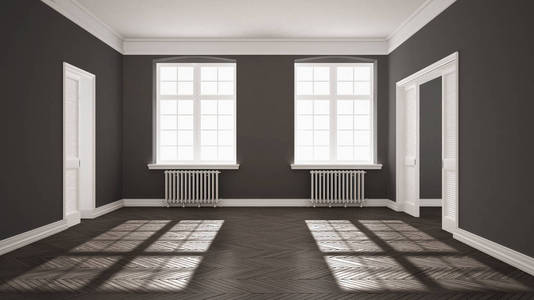 空旷的房间里镶木地板 大窗户 门和散热器