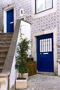 葡萄牙 Lisabon 的蓝色和白色门面上典型的传统釉面砖的房子