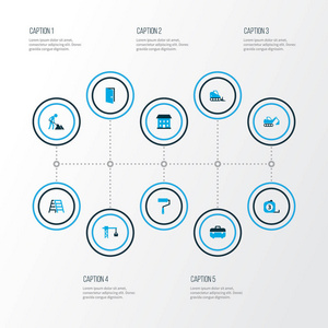 建筑图标与起重机, 墙上的画家, 挖掘机和其他起重钩元素的颜色集。孤立向量插图构造图标