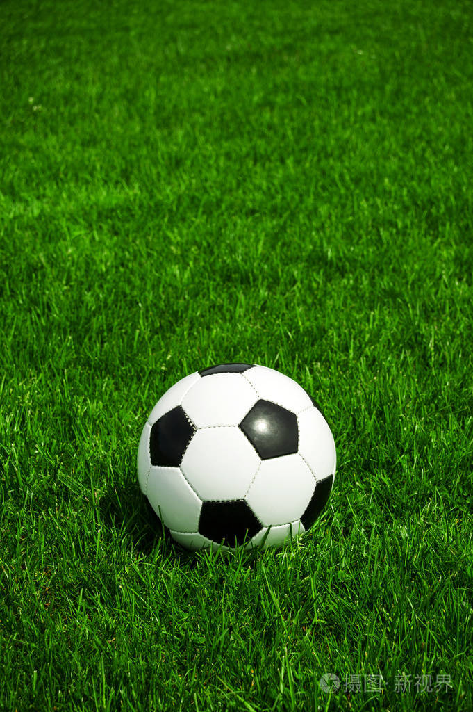 古典足球躺在草地上, 这是一个阳光明媚的日子在夏天