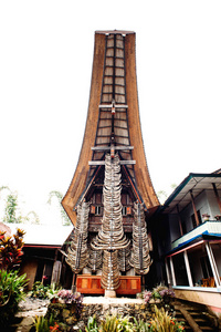 传统的 torajan 建筑与大量的水牛 tongkonan 角在立面上。雅，Rantepao，苏拉威西，印度尼西亚