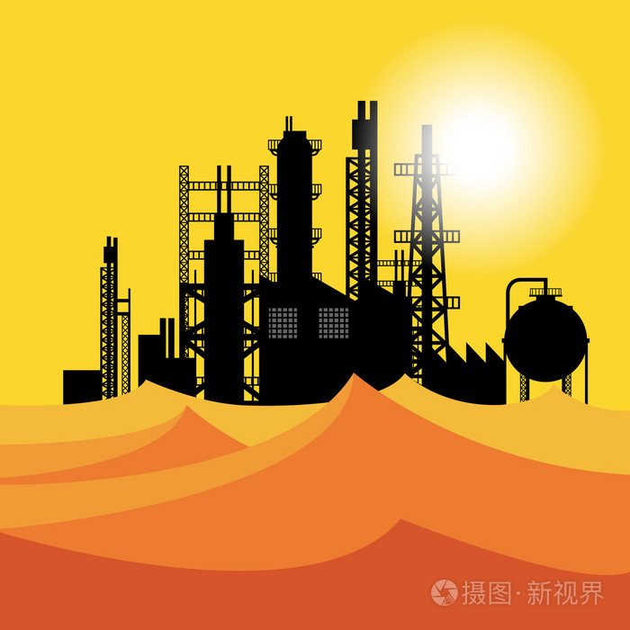 炼油厂或化工厂在沙漠日落