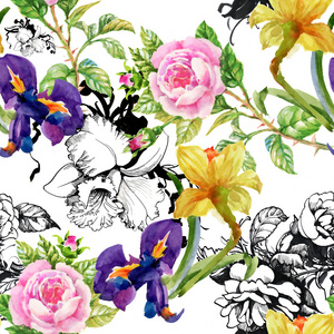 水仙 鸢尾花和玫瑰花图案