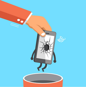 智能垃圾回收业务大手把破碎的智能手机扔到垃圾桶照片