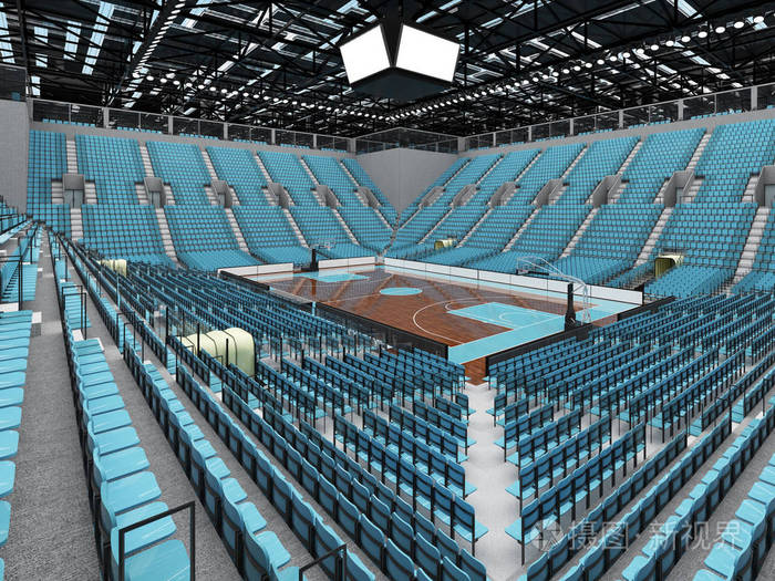美丽的现代体育竞技场为 vip 篮球框灯和 1 万球迷的天空蓝色座椅