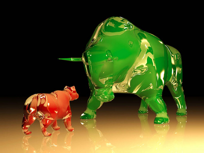 巨大的绿色玻璃公牛面临红色玻璃熊，股票市场的概念