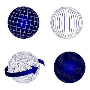 全球物流网络理念。地球仪矢量图标设置为蓝色。3d 模型的集合。股票载体。矢量插图 Eps10