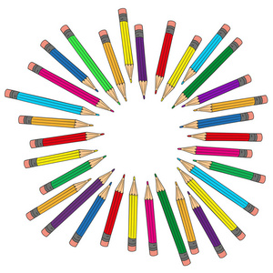 铅笔绘卡通彩色铅笔在白色背景上绘制一套照片