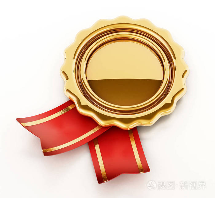 金色徽章与丝带隔绝在白色背景3d插图