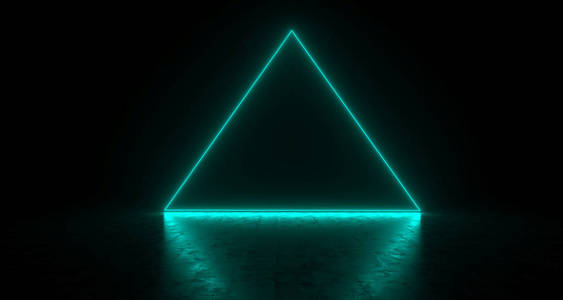 在地板上反射的蓝色长方形的霓虹灯。3d 渲染插图