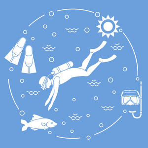 面具, 浮潜, 鳍, 太阳, 鱼, 潜水员。体育和娱乐主题。横幅海报或印刷品的设计