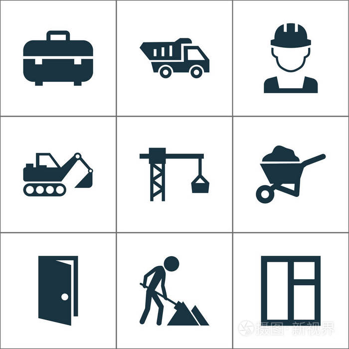 施工图标设置.运载车, 设备, 挖掘机和其他元素的集合.