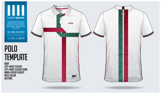 葡萄牙队马球 t恤衫运动模板设计为足球球衣, 橄榄球套件或运动服。经典的衣领运动制服在前视图和后视图。t恤衫为体育俱乐部做模拟。