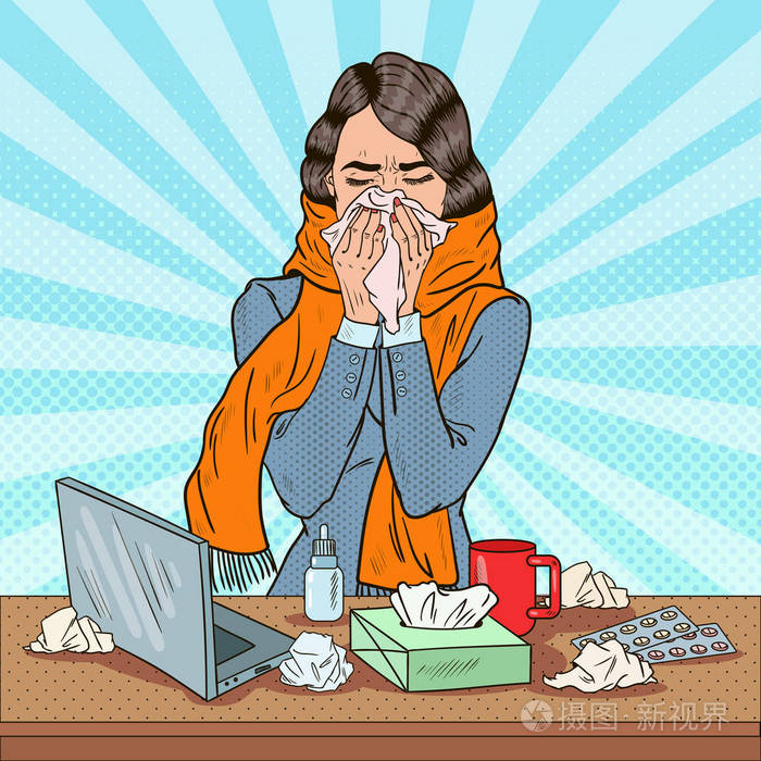 波普艺术的女商人打喷嚏在工作女孩觉得不舒服矢量图