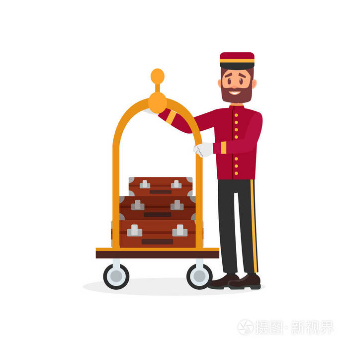 开朗的行李员和手推车.穿着制服的年轻胡子男彩色平面矢量设计