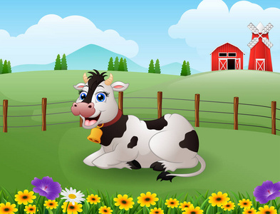 绿色田野中的快乐可爱奶牛插图