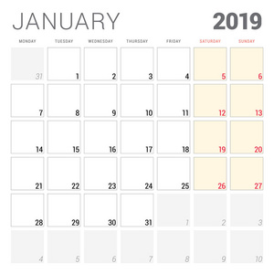 2019年1月日历规划师。星期从星期一开始。可打印矢量信纸设计模板