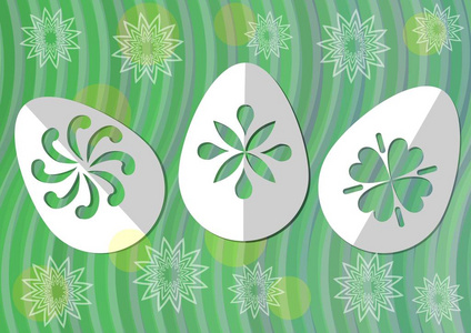 快乐的复活节海报用白纸剪蛋绿色波浪背景与 transpatent 花