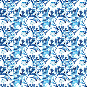 无缝图案的蓝色珊瑚水彩插图。手设计的素描画。水下的水彩背景图
