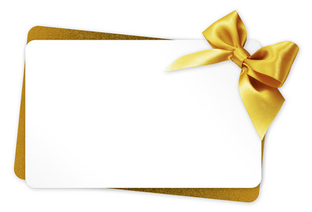 礼品卡与白色背景上的金丝带蝴蝶结分离