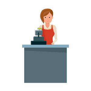 在收银机后面的女孩杂货店卖方照片