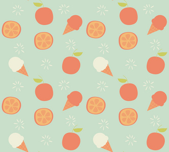 无缝模式与手绘橙色水果和冰淇淋