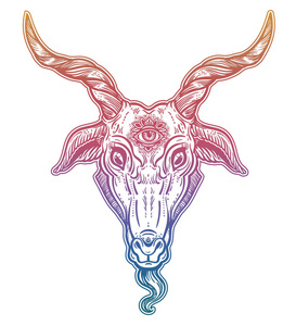 恶魔山羊 baphomet 神圣的神秘的眼睛.撒旦山羊头.二进制撒旦符号照片