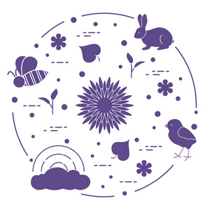 彩虹, 云彩, 鸡肉, 兔子, 花朵, 树叶, 蜜蜂, 贝壳, 鸡蛋, 芽。春季主题。用于设计打印的模板