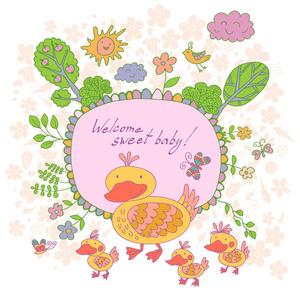 时尚卡通卡制作可爱的花朵，涂鸦的鸭，树
