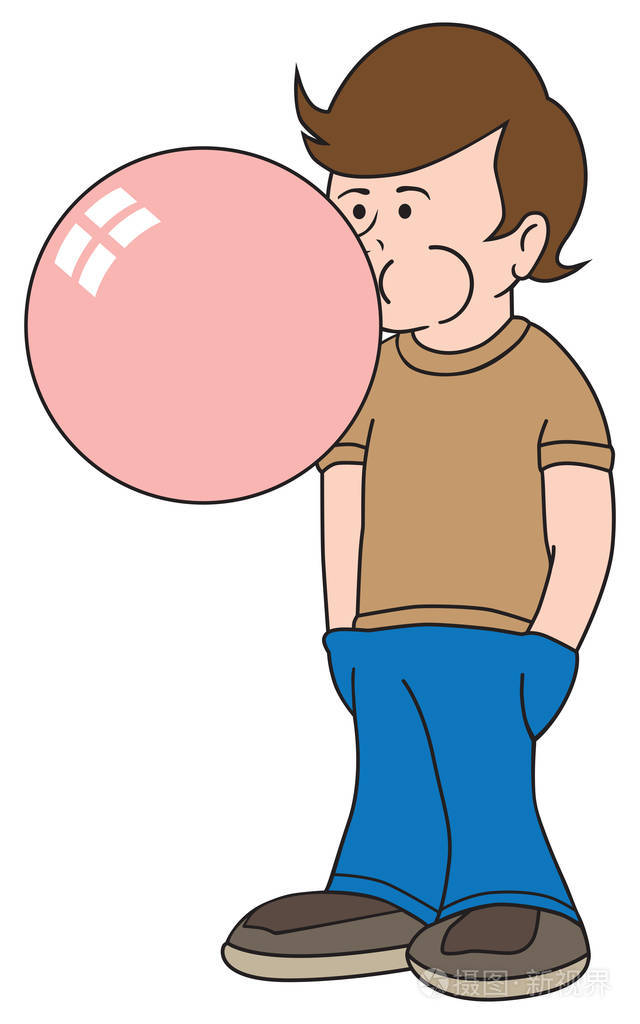 一个年轻的男孩, 他的手在他的口袋里吹着一个巨大的口香糖泡沫