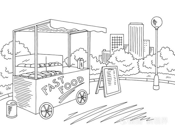 街道食物图黑白色城市风景剪影例证载体插画-正版商用图片0pdnap-摄图