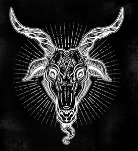 二进制撒旦符号圣主主耶稣头像黑色轮廓五角星在恶魔 baphomet 的头上
