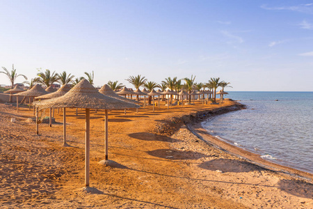 伞在红海海滩在埃及的赫尔哥达