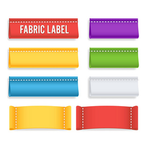 颜色标签织物空白矢量。现实集明亮空白面料标签或徽章拼接
