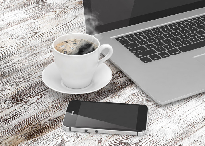 笔记本电脑, 智能手机和咖啡