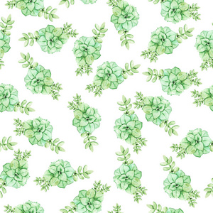 在白色背景上的绿色多汁植物无缝模式。手绘水彩插图