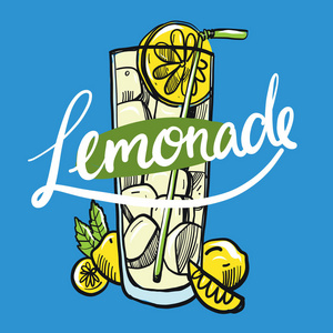 手绘矢量柠檬水与冰和柠檬片在蓝色背景下隔离玻璃柠檬草草图照片