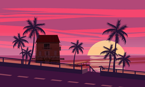 日落, 海洋, 傍晚, 棕榈树海岸边, 矢量, 插图, 孤立, 卡通风格