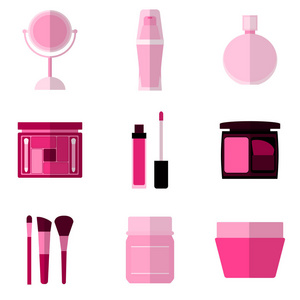 在白色背景上的简单粉红色化妆品平面图标设置