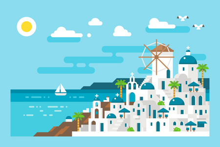 平面设计圣托里尼岛城市景观视图