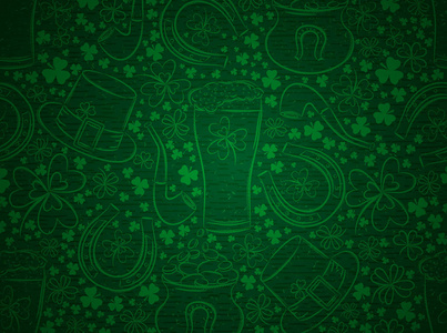绿色背景的帕特里克节与误码率杯 马蹄 帽子