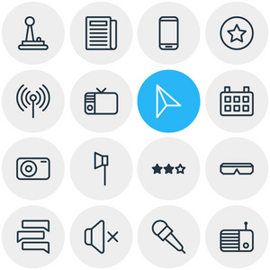矢量图16媒体图标线条样式。可编辑的游标集智能手机光源和其他图标元素
