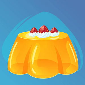 黄色果冻 puddingwith 草莓和奶油游戏图标, 卡通食品, 矢量插画 eps