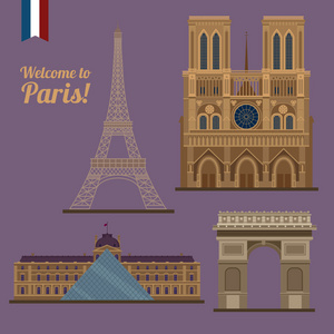 巴黎套装。著名的地方   埃菲尔铁塔，卢浮宫，巴黎圣母院