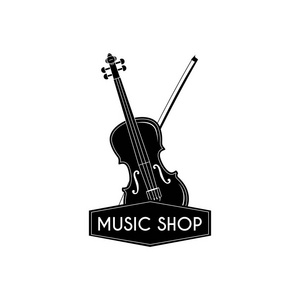 小提琴。弓。音乐商店。音乐商店标签徽标。乐器。向量