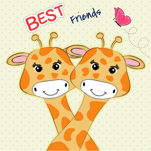 贺卡两个可爱的长颈鹿和题字最好的朋友。可爱的孩子 t恤的图形
