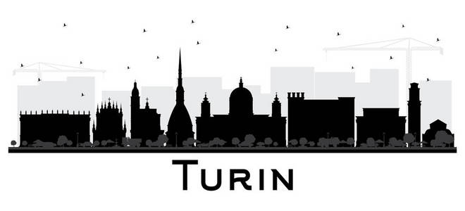 都灵意大利城市天际线剪影与黑色建筑隔绝在白色。矢量插图。商务旅游和旅游理念与现代建筑。都灵城市景观与地标
