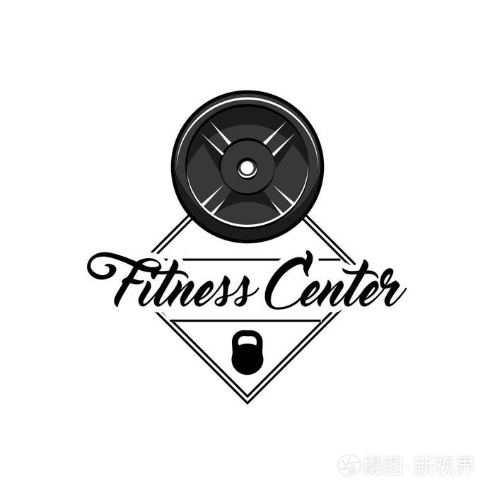 圆盘重量杠铃.健身中心标志标签.壶.运动器材.向量