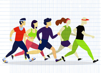 慢跑的人。赛跑者小组在行动。经营男女体育背景。人赛跑, 训练到马拉松, 慢跑并且奔跑例证