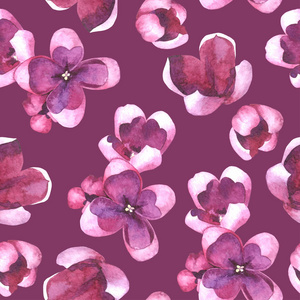 紫色丁香花和花瓣水彩风格矢量无缝图案